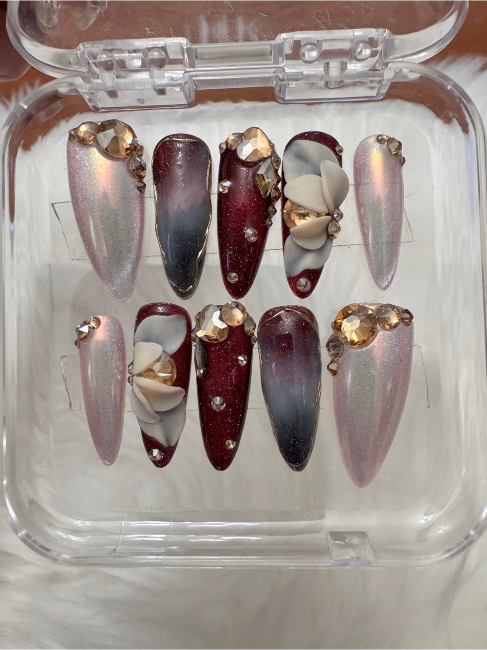 Burgundy & Pearl Pink Rhinestone Stiletto Press-On Nails
